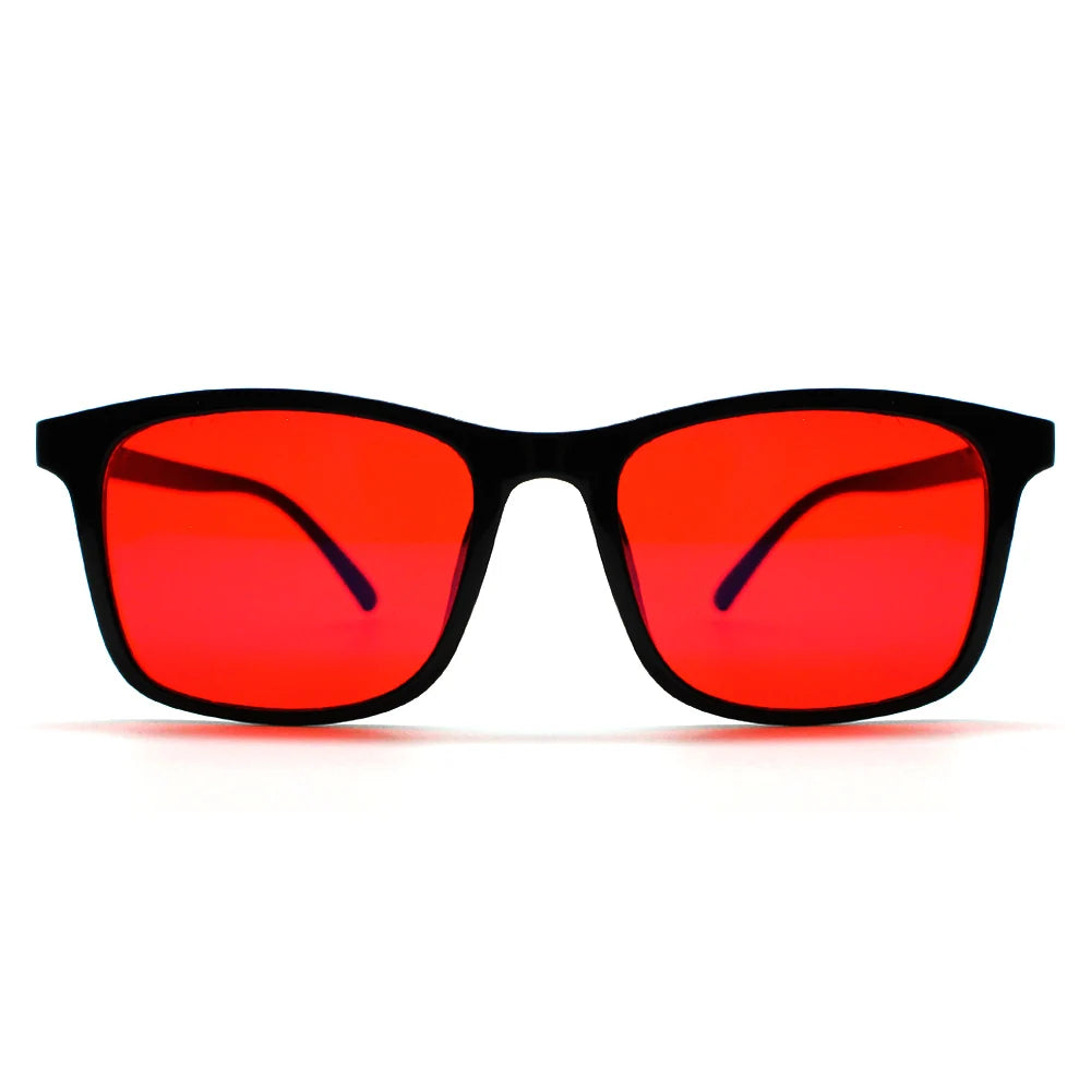 New blue light blocking glasses with red and orange lenses for fatigue protection and fashionable design wearing during gaming
