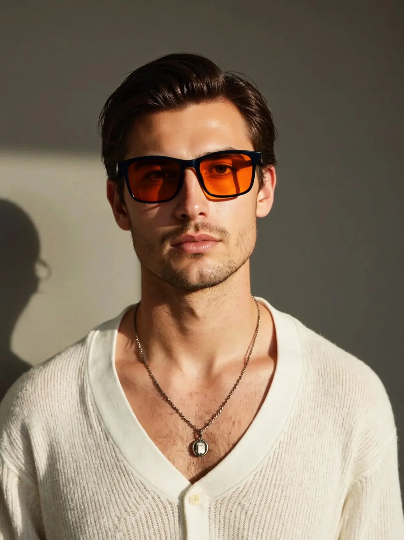 New blue light blocking glasses with red and orange lenses for fatigue protection and fashionable design wearing during gaming