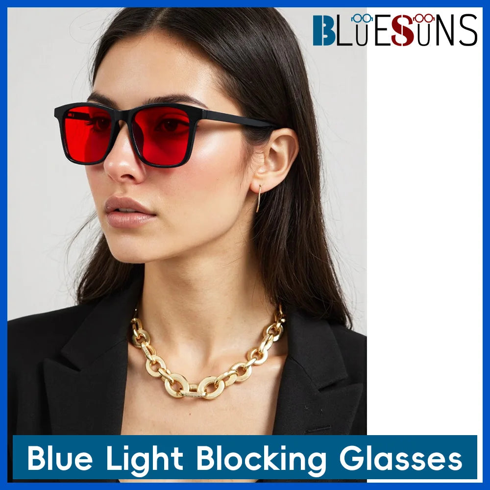 New blue light blocking glasses with red and orange lenses for fatigue protection and fashionable design wearing during gaming