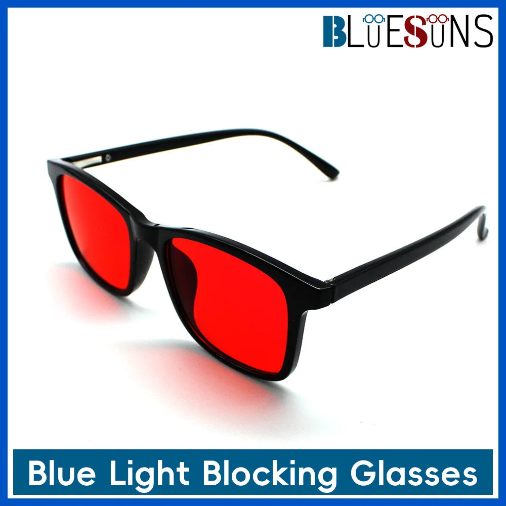 New blue light blocking glasses with red and orange lenses for fatigue protection and fashionable design wearing during gaming
