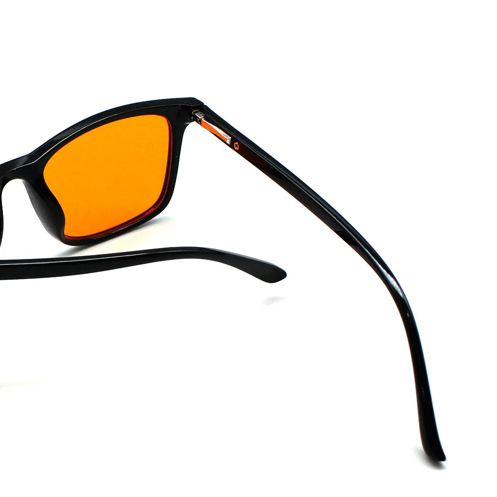 New blue light blocking glasses with red and orange lenses for fatigue protection and fashionable design wearing during gaming