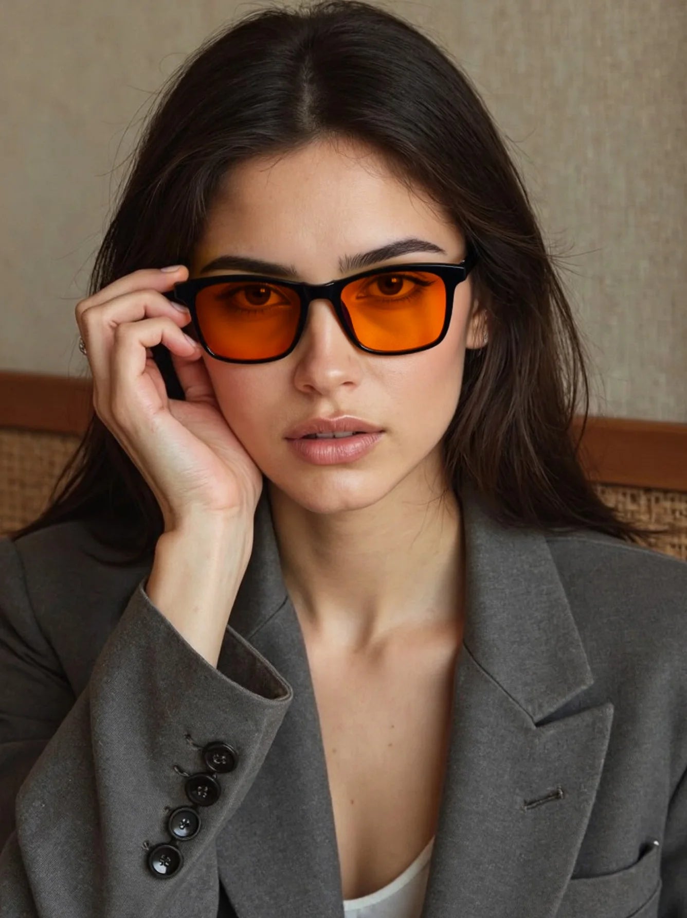 New blue light blocking glasses with red and orange lenses for fatigue protection and fashionable design wearing during gaming