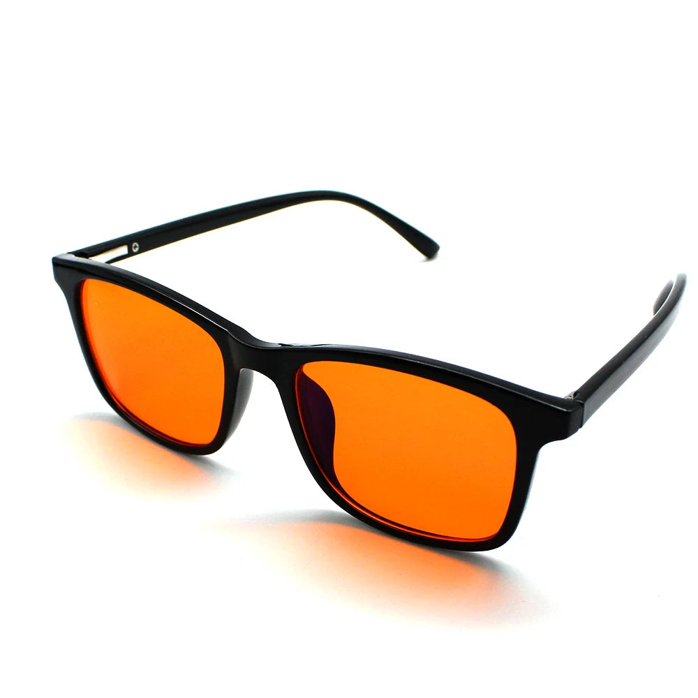 New blue light blocking glasses with red and orange lenses for fatigue protection and fashionable design wearing during gaming