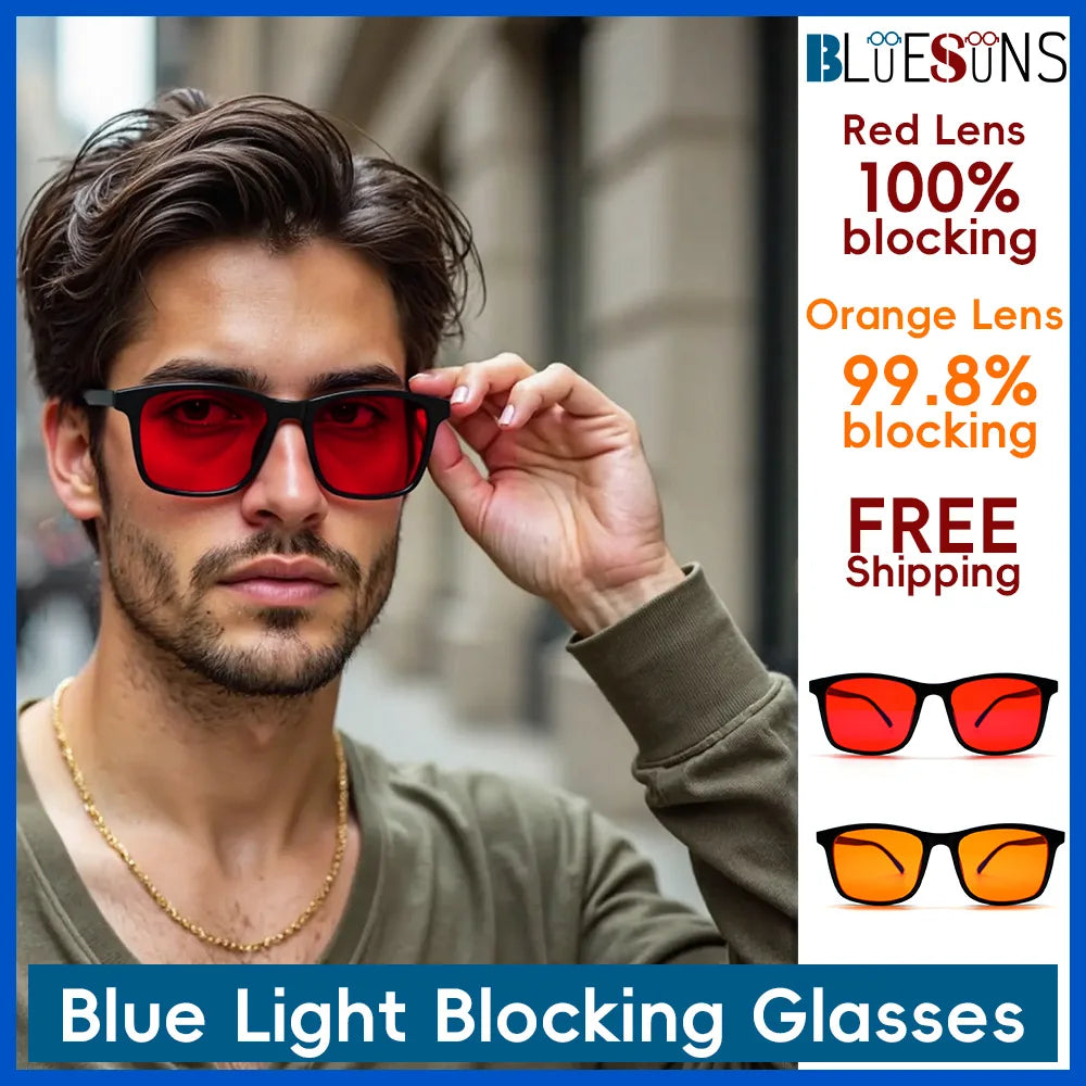 New blue light blocking glasses with red and orange lenses for fatigue protection and fashionable design wearing during gaming