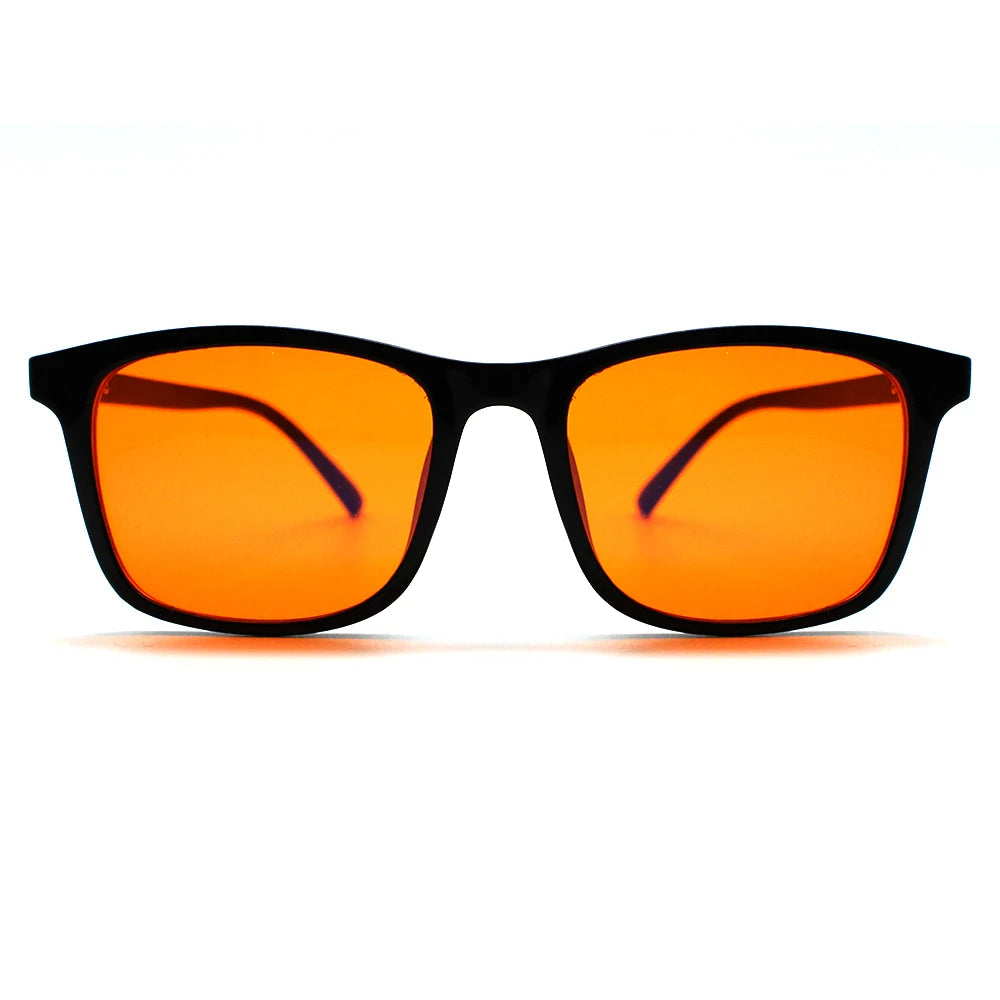 New blue light blocking glasses with red and orange lenses for fatigue protection and fashionable design wearing during gaming